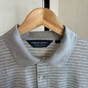 Vtg Polo Golf Ralph Lauren Gray Stripe Pima Cotton Short Sleeve Polo Shirt Men L